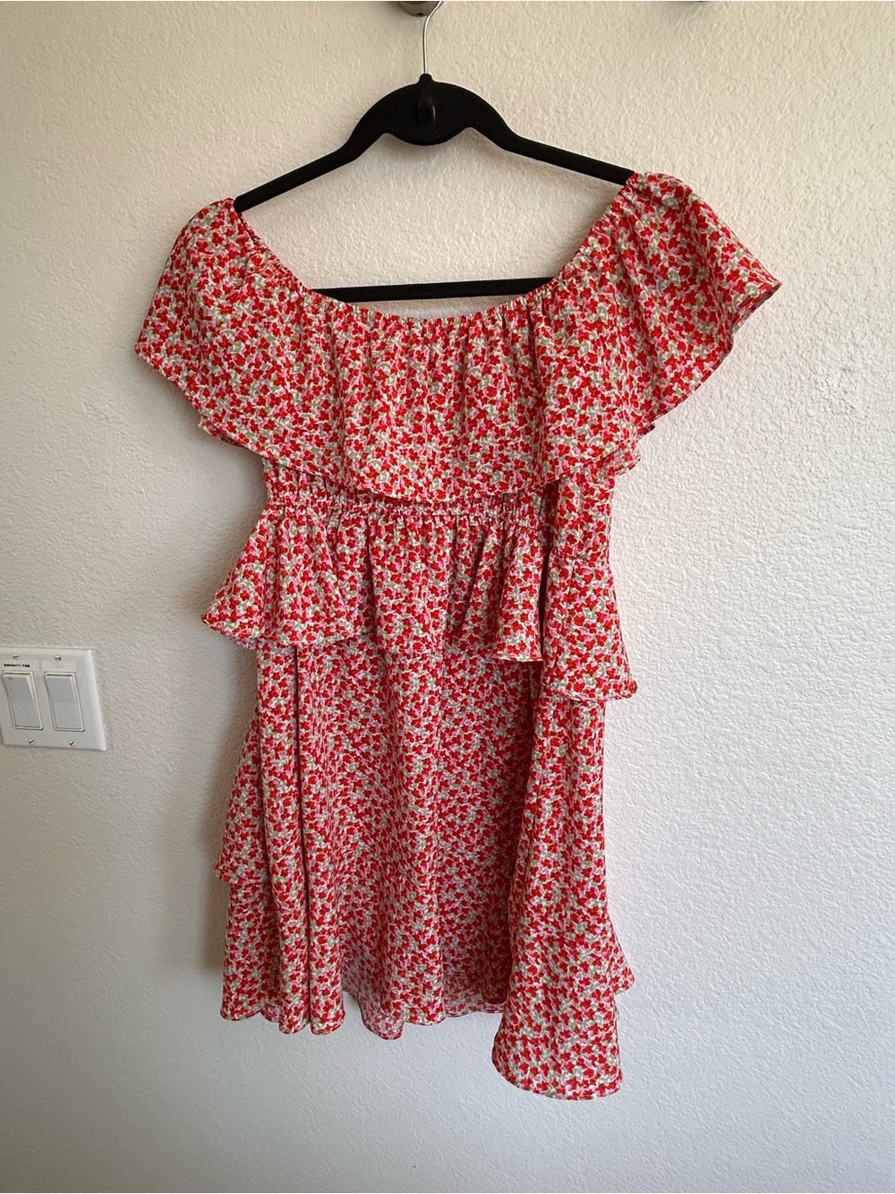 All in Favor Red Floral Off-Shoulder Ruffle Dress